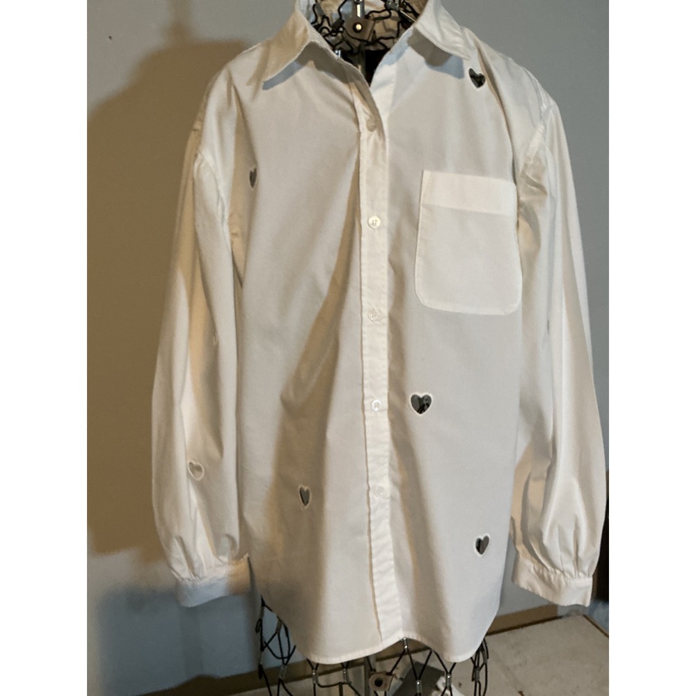 Truth by Republic Womens White Heart Cut Out Button Down Cotton Blend Small